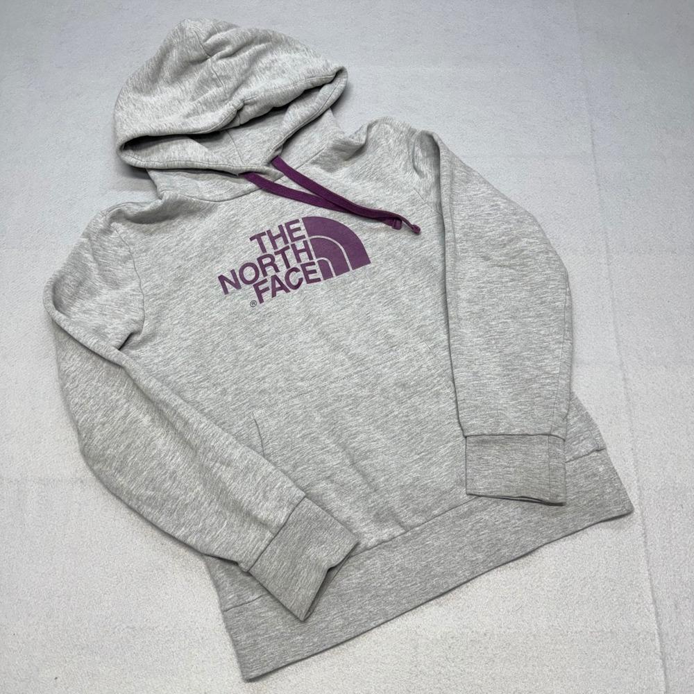 The North Face Women Small Gray Purple Logo Pullover Hoodie Sweatshirt Fleece